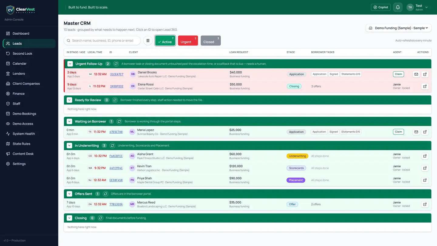 ClearVest Master CRM with an urgent queue of sample files