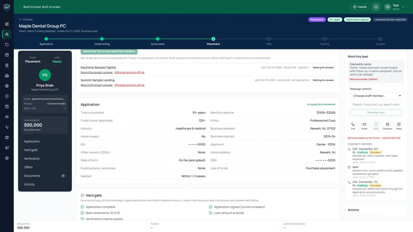 Lender desk with private links to sample lenders
